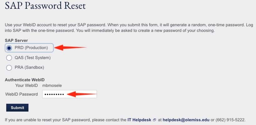 Screenshot of SAP Password Reset interface