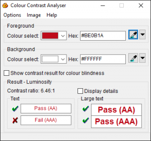 Screenshot showing Colour Contrast Analyser