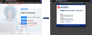 Image of the Ole Miss Zoom login page with olemiss.zoom.us URL and Sign In button highlighted.